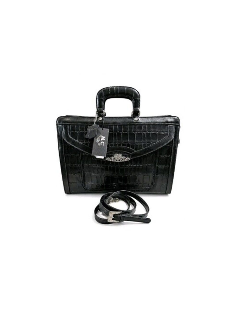 Vintage Y2K M.C. Marc Chantal Black Leather Croc Briefcase Laptop Bag 4405